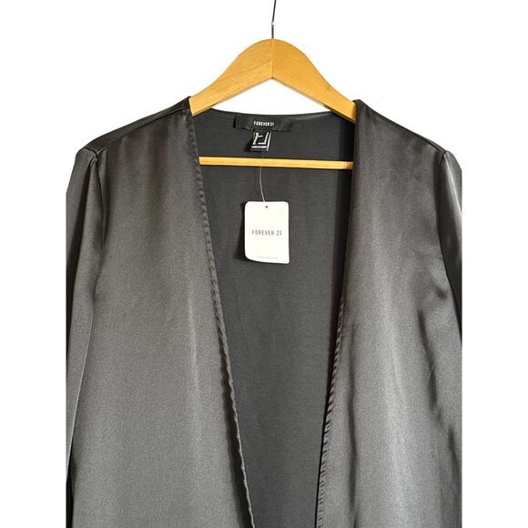 Forever 21 Women’s Fringe Trim Satin Kimono Cardigan Black, New With Tags Size M - Picture 4 of 8